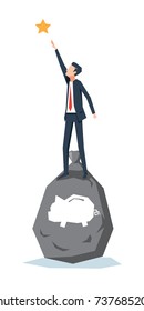 the businessman standing on top a bag of piggy bank sign, reaching a star