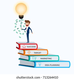 Businessman standing on top of books stair and get money from light bulb idea. Stair step to success concept. Cartoon Vector Illustration.