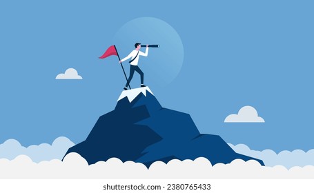 Businessman standing on the top of cliff looking through monocular for success. business concept of goal, mission, vision, career path and leadership.