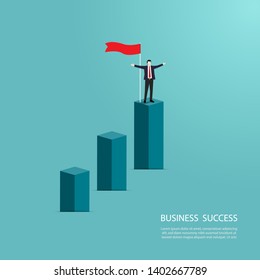 Businessman standing on top of the column graph, Happy  businessman, Business concept of goals, Success, Flag, Achievement and challenge, Vector illustration flat