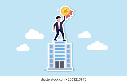 A businessman standing on top of a company building holding a medal, illustration of becoming the best leading company