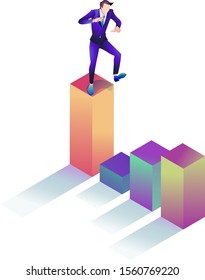 Businessman standing on top of the graph. An illustration made with isometric projection that scares you just before falling.