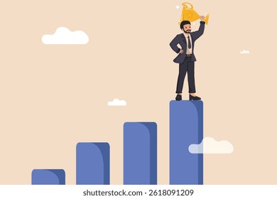 Businessman Standing on Top of Growth Chart Holding Trophy, Business Success and Achievement Concept