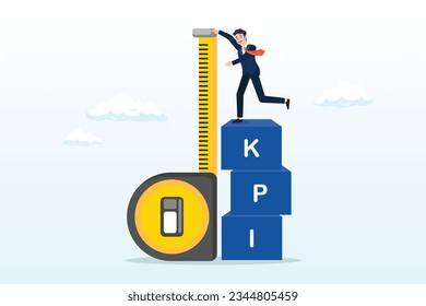 Businessman standing on top of KPI box measuring performance, KPI, key performance indicator measurement to evaluate success or meet target, metric or data to review and improve business (Vector)