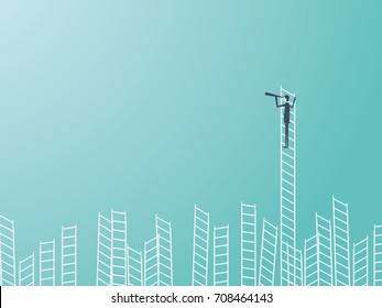 Empresario en la cima de una escalera con telescopio o monocular. Liderazgo empresarial o concepto de vector visionario. Ilustración vectorial Eps10.