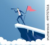 businessman standing on top of a mountain with a flag and looking into the telescope, the employee climbed the peak and hoisted the flag, business concept success and search opportunities