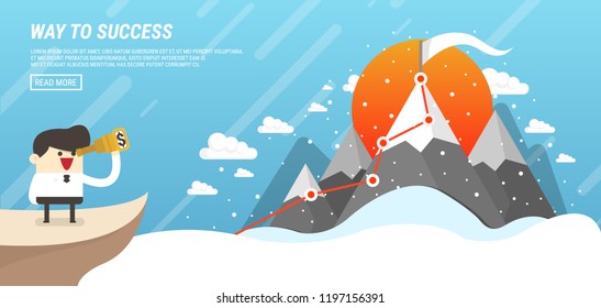 Businessman standing on top of the mountain cliff using binoculars looking for success. 