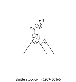 Businessman standing on the top of mountain holding a flag, Business concept of victory and success, line icon design vector illustration