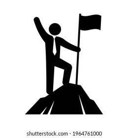 Businessman standing on the top of mountain holding a flag, Business concept of victory and success, Icon design vector illustration