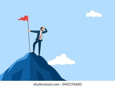 Businessman standing on top of a mountain with a flag and looking to the future. Manager climb the peak and hold the flag. Business success and search opportunities.