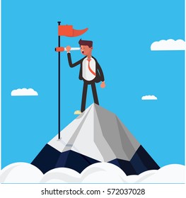 Businessman standing on top of mountain an looking through telescope for new opportunities