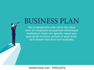 Businessman standing on top of a mountain with a spyglass looking for a business plan. Web page layout