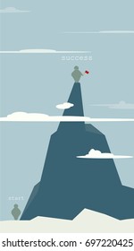 Businessman standing on top of a mountain with a flag and looking at the path made. An employee looking for a way to his goal, business concept challenge and the goal