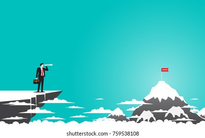 Businessman standing on top of the mountain cliff using binoculars looking for success. Concept business illustration vector flat