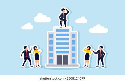 A businessman standing on top of an office building, observed by his colleagues below, illustration concept of High achieving businessman or exemplary employee