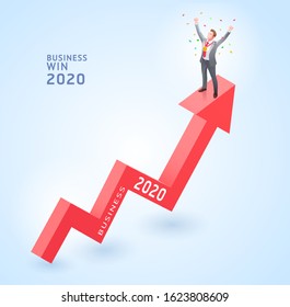 Businessman standing on top red arrow.