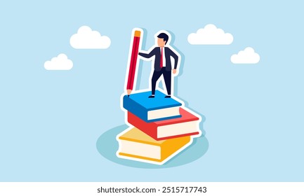 A businessman standing on top of a stack of books holding a pencil, illustration of A businessman who has completed the own project report