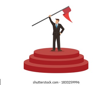 Businessman standing on top of a stage with a flag pole. Business success concept. Flat vector illustration
