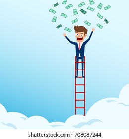 Businessman standing on top of stair and get money from light bulb idea. Stair step to success concept. Cartoon Vector Illustration.