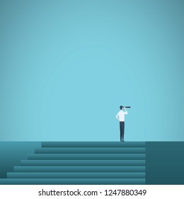 Businessman standing on top of stairs looking at future through telescope. Symbol of success in business career, promotion, ambition and motivation. Eps10 vector illustration.