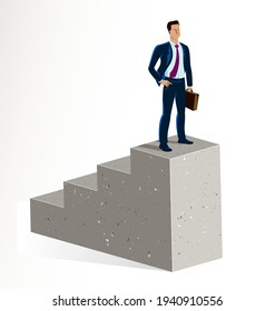 Businessman standing on top stairs vector illustration, success and career progress concept, leadership ambitions, gorgeous handsome business man.