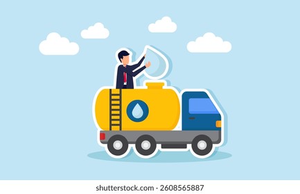 Businessman standing on top of a water tanker truck trying to fill water into the tank, illustration of business in the mineral water supply sector