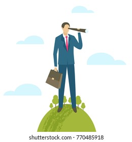Businessman standing on the top of the world and looking for new opportunities. Success, global leadership or the winner business concept. Global market control. Vector illustration. 