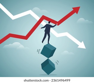 Businessman standing on unbalanced cubes and doing business strategy.
