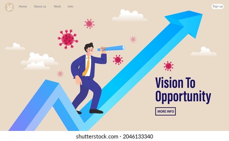 Businessman Standing On Upward Rising Growth Graph Using Telescope To See The Way Forward With Virus Pathogen. Economic Outlook After Coronavirus COVID-19 Crisis. Opportunity To Invest. Vector