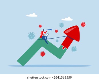 businessman standing on upward rising growth graph using telescope to see the way forward with virus pathogen.economic outlook after Coronavirus COVID-19 crisis concept