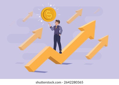 Businessman Standing on an Upward Trend Line Holding a Shining Gold Coin, Symbolizing Successful Investment Growth, Financial Gains, and Prosperity.