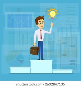 Businessman standing on winner podium. Against the background of growing financial charts and graphs. Light bulb idea. Vector illustration