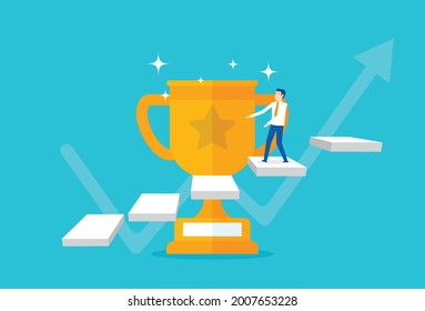 Businessman standing on a winners pedestal with a trophy, Vector illustration design concept in flat style