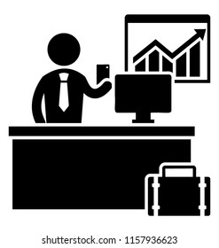 
A  businessman is standing on work desk and giving business presentation 
