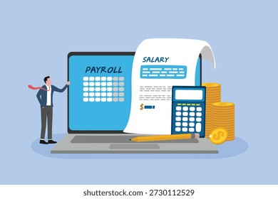 Businessman standing with online payroll computer, laptop, salary payroll system, office accounting administrative or calendar pay date, online income calculates and automatic payment, employee wages concept.