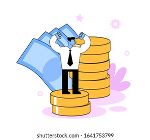 Businessman standing ontop of money pile with his hands raised. Winning and success concept. Cartoon style flat vector illustration. Isolated on white background.