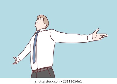 businessman standing outdoors with arms spread into the clear blue sky. Hand drawn style vector design illustrations.