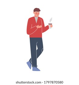 Businessman Standing with Paper Cup in his Hands and Talking, Working Process or Meeting Vector Illustration on White Background