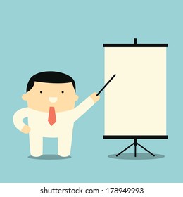 Businessman standing and pointing to blank presentation board for your copy space or design. 
