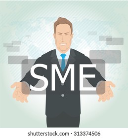 Businessman standing posture hand holding SME. vector illustration