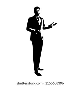 Businessman standing  and presenting ideas, isolated vector silhouette. Abstract ink drawing od man in suit. Business people, front view