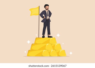 A Businessman Standing Proudly Atop a Stack of Gold Bars with a Victory Flag, Symbolizing Achievement in Business and Wealth Accumulation.