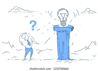 businessman standing question mark pillar light lamp new idea concept on white background sketch doodle