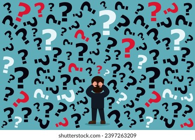 ฺPuzzled businessman standing with questions Dilemma and the confusing idea of many options. Decision strategies work to achieve success goals. Concept of many business problems. Vector illustration