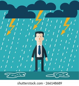 Businessman standing in the rain. Concept of businessman fail.