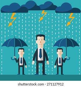 Businessman standing in the rain. Concept of businessman fail and competition. Other business mans standing with umbrella.