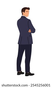 Empresario de pie vista trasera. Hombre de negocios guapo en traje formal se volvió atrás. Ilustración vectorial aislada sobre fondo blanco.