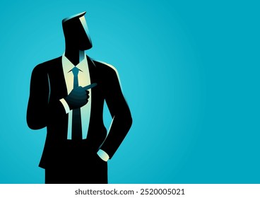 Businessman standing with right hand pointing on empty blank copyspace and left hand in pocket