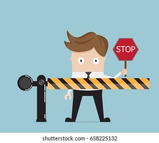 businessman standing at road barrier and holding stop sign vector illustration