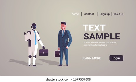 businessman standing with robotic character human vs robot business automation artificial intelligence technology concept horizontal copy space full length vector illustration